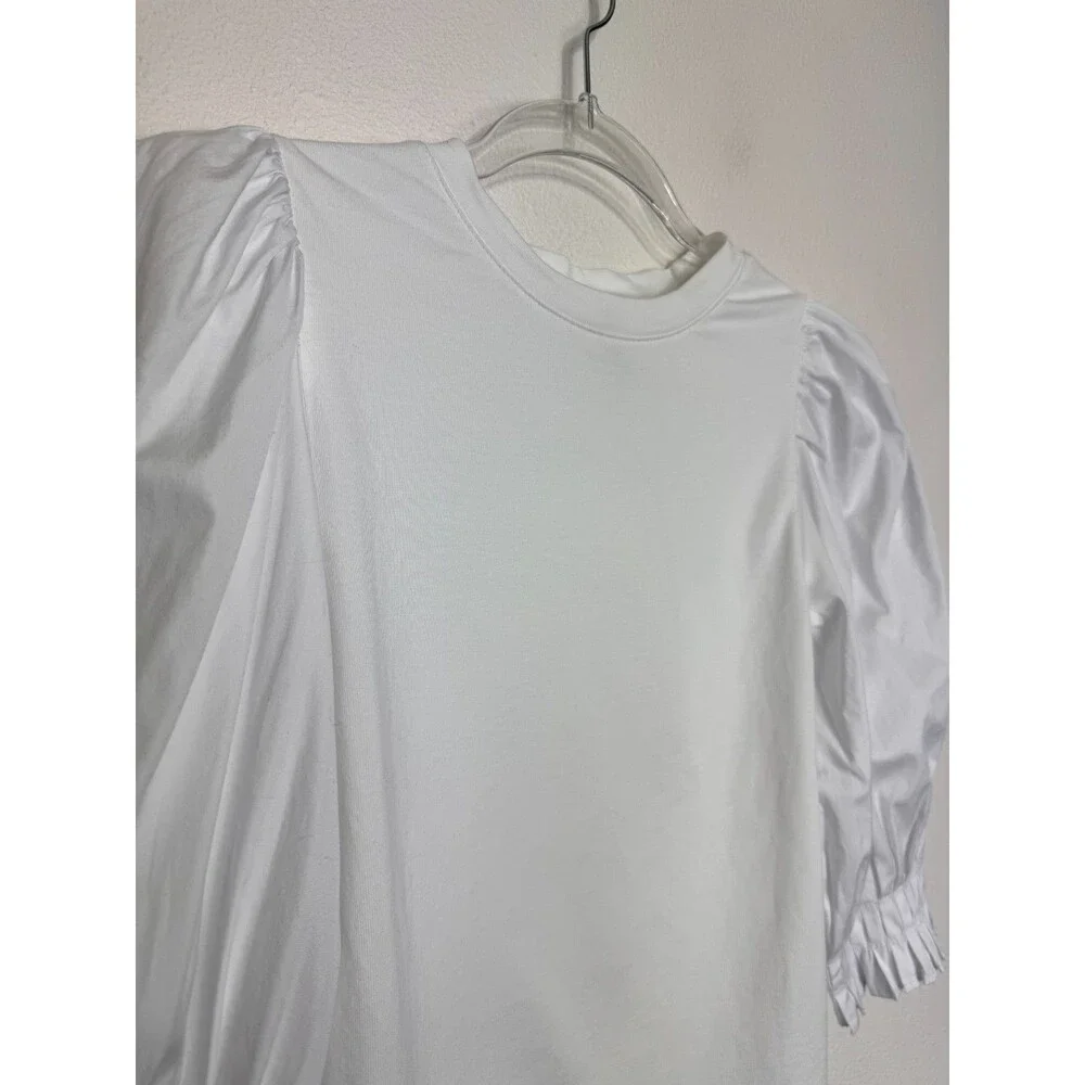 Madewell XXS Puff Half Sleeve Knit Top White Cotton Poplin Pleated Crewneck NWT